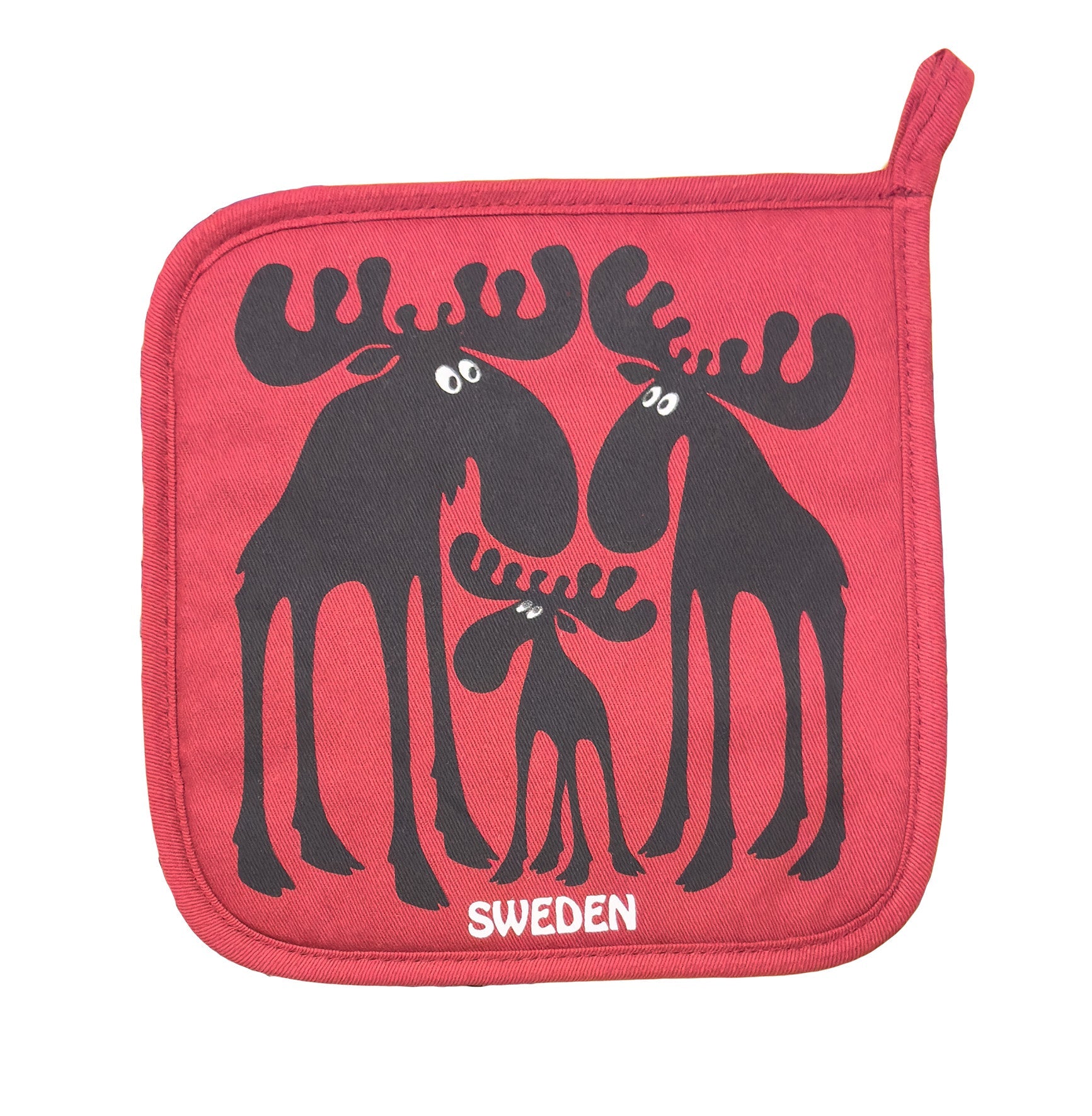 Fornt View of Red cotton pot holder -featuring a Swedish moose family design,  Kitchen Souvenir - Style Council