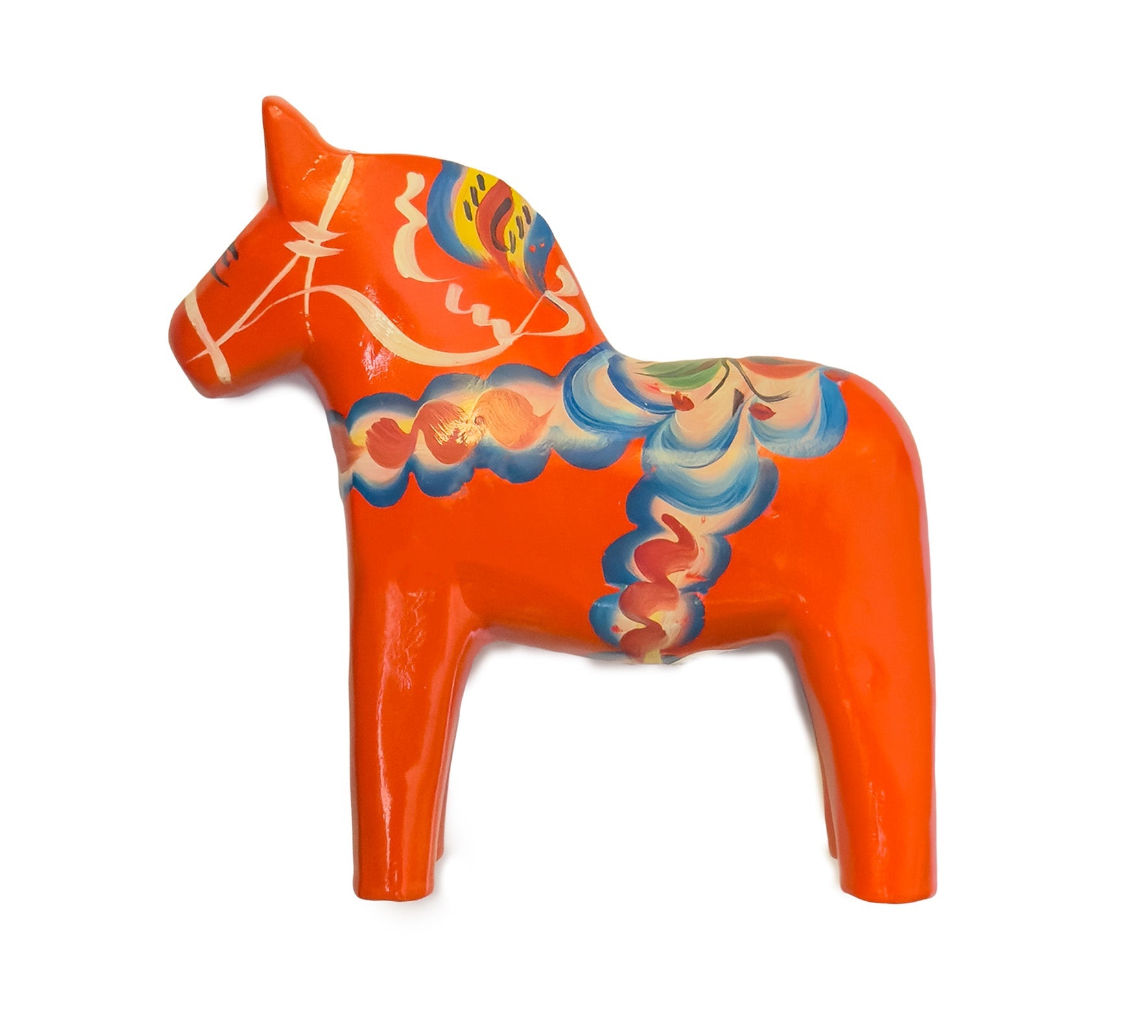 Red Swedish Dala Horse wooden souvenir showing hand-painted kurbits design from Sweden - Style Council