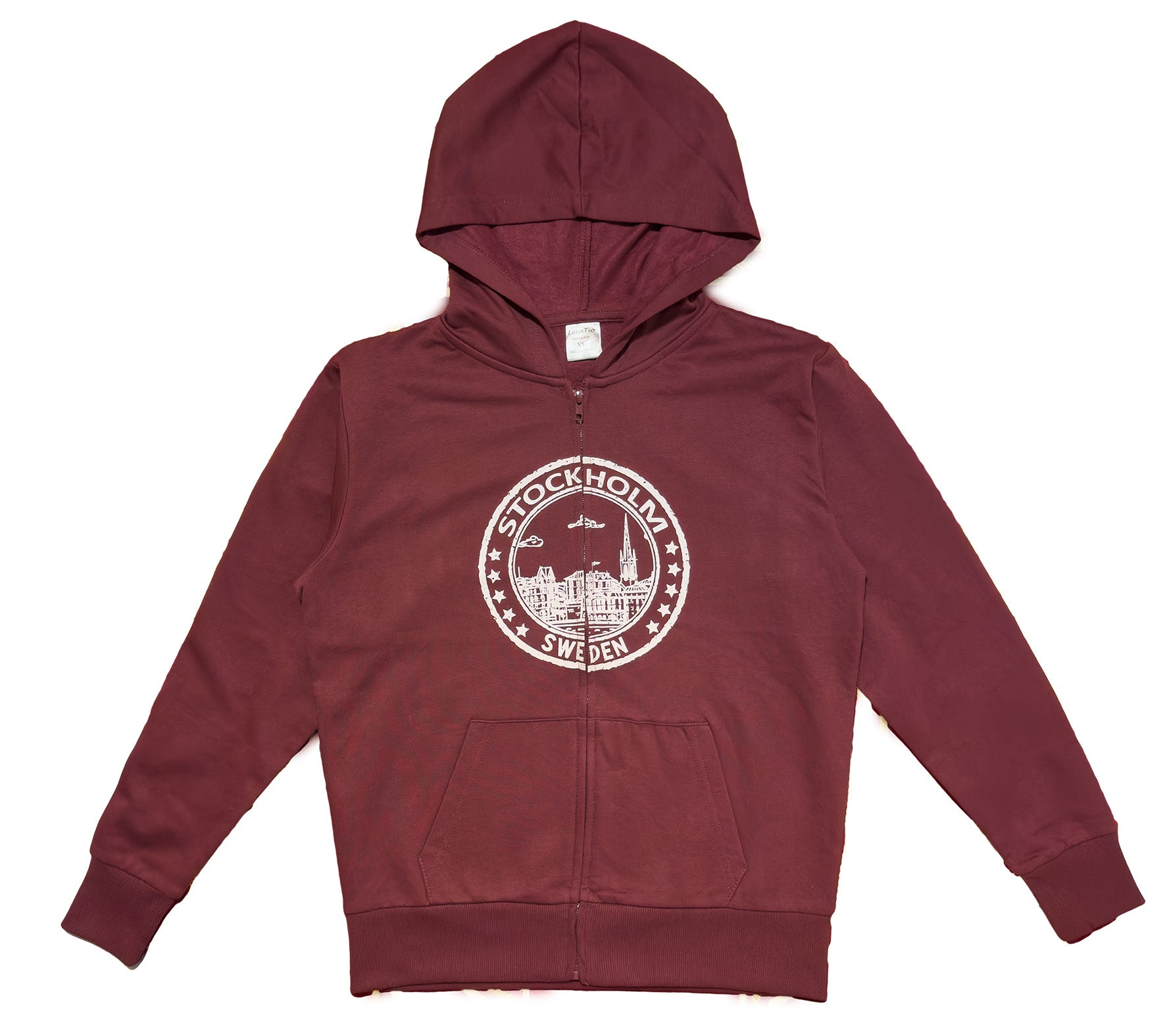 Classic burgundy zip-up hoodie in Rad featuring a Stockholm Sweden skyline print. - Style Council