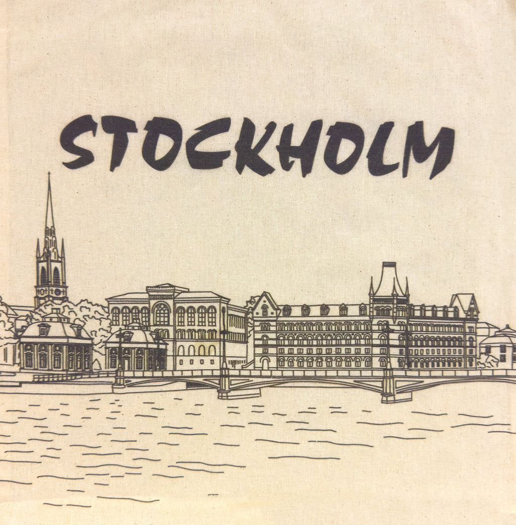Close-up of Stockholm skyline print on cotton tote bag, minimalist Scandinavian artwork – Swedish Souvenir Gift - Style Council