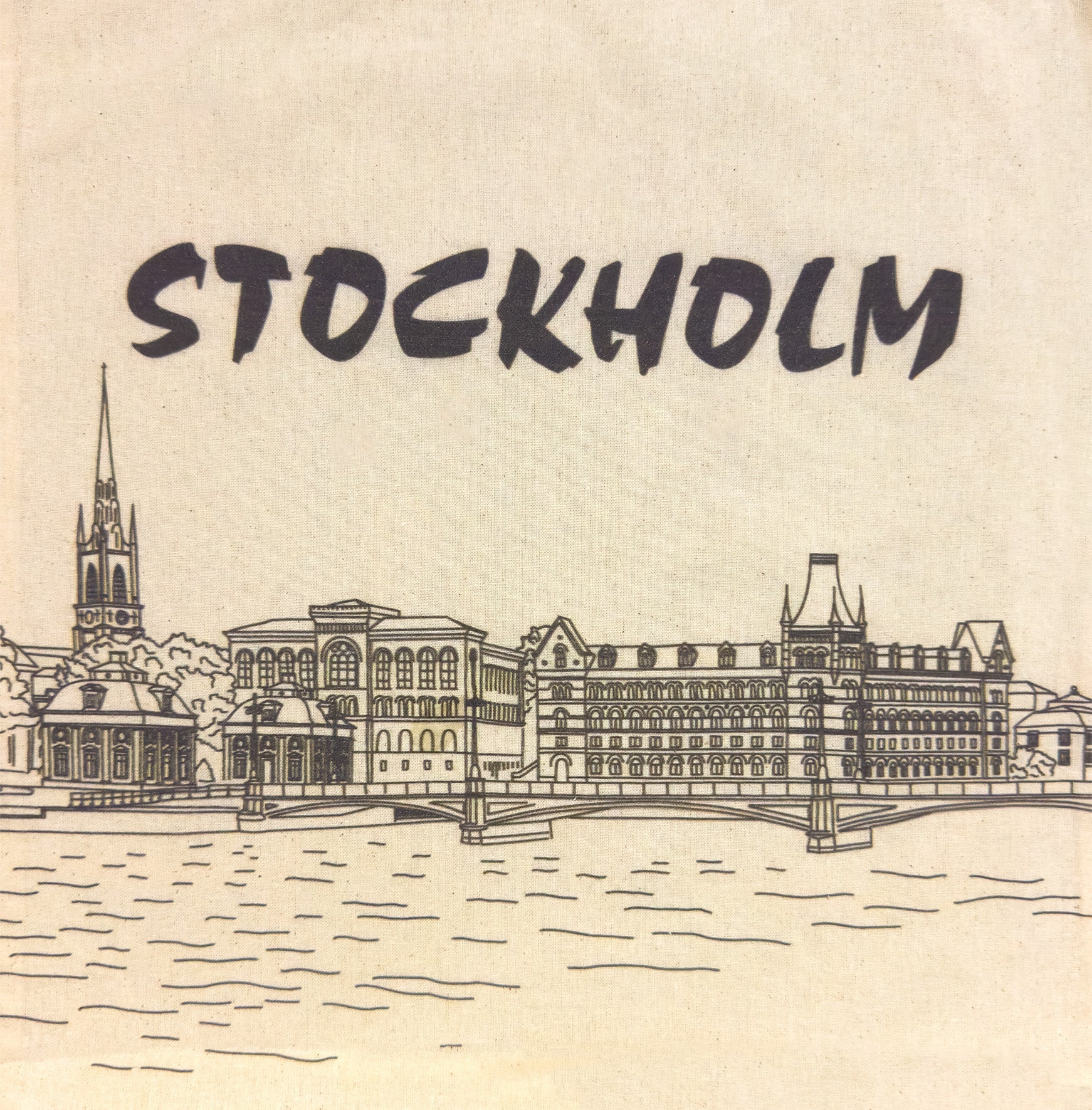 Close-up of Stockholm skyline print on cotton tote bag, minimalist Scandinavian artwork – Swedish Souvenir Gift - Style Council