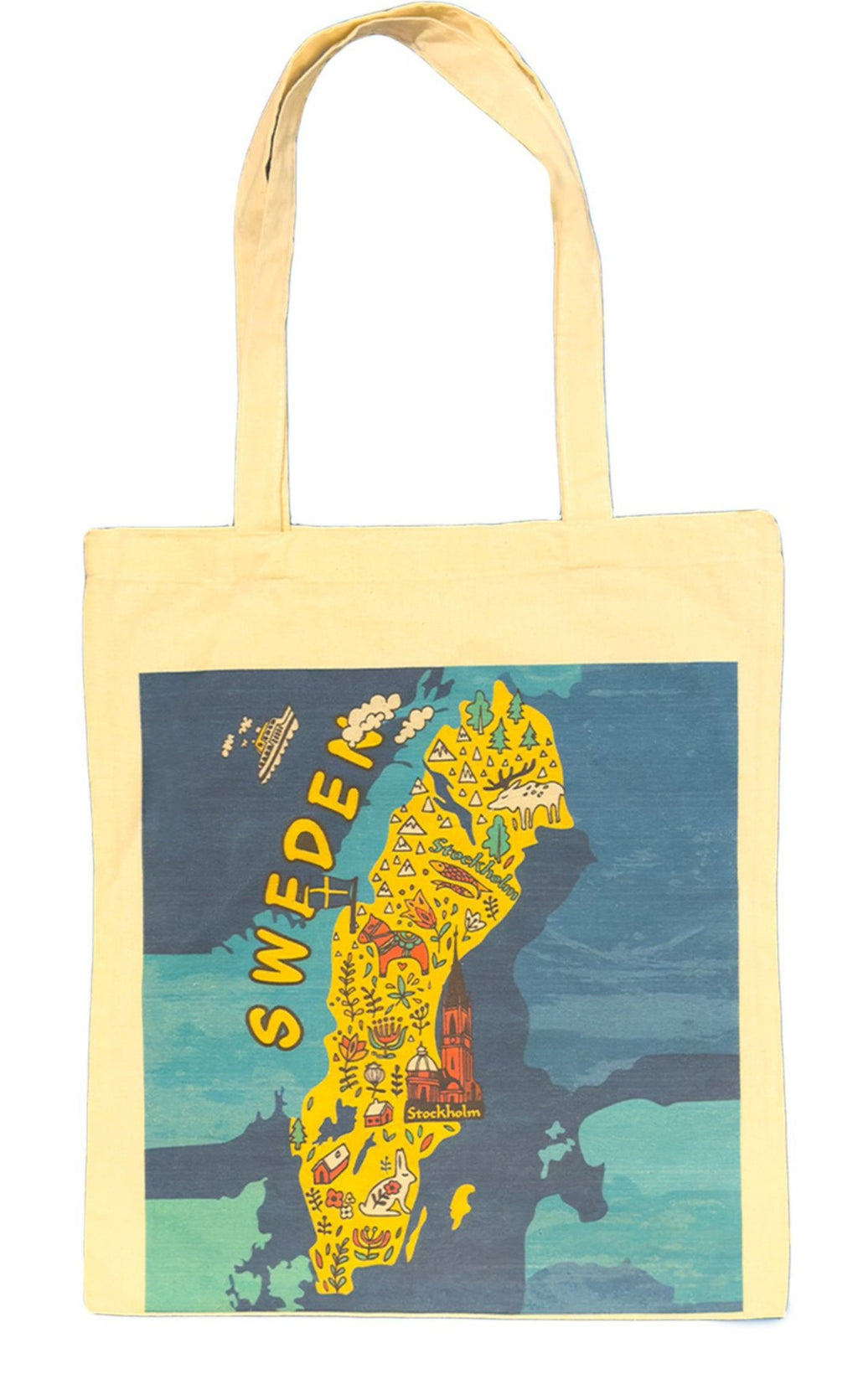 Front view of Sweden map canvas tote bag featuring colorful illustrated Scandinavian landmarks and sweden  'Text' design  - Style Council
