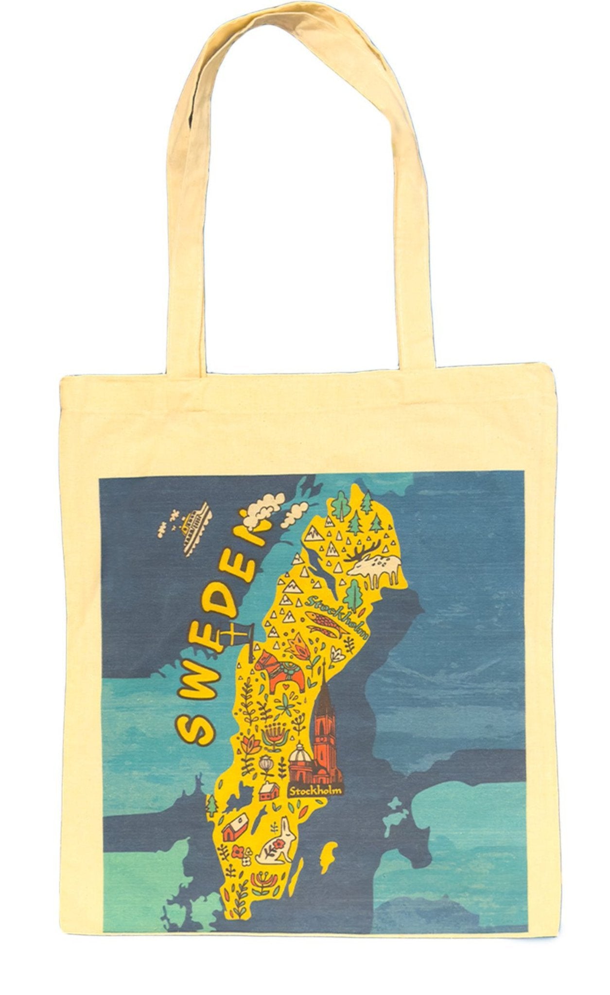 Front view of Sweden map canvas tote bag featuring colorful illustrated Scandinavian landmarks and sweden  'Text' design  - Style Council