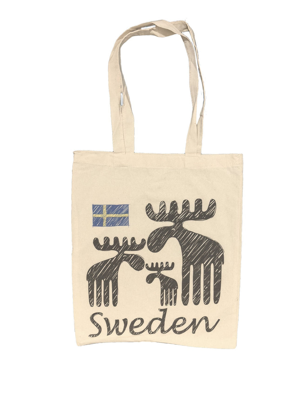 Fornt view Sweden moose family tote bag featuring hand-drawn moose and Swedish flag on eco cotton canvas - Style Council