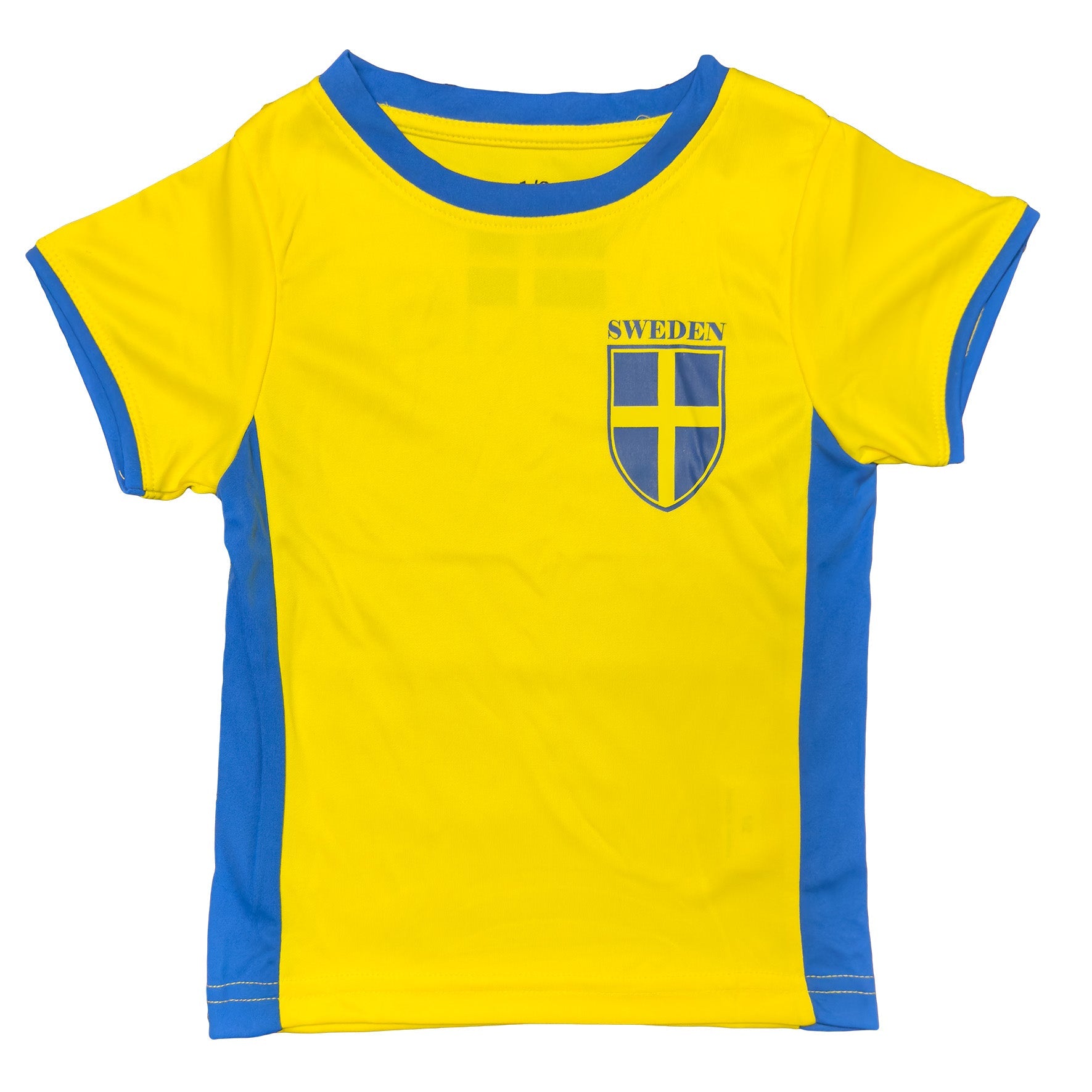 Bright yellow and blue Sweden football t-shirt for kids with Swedish flag emblem and “SWEDEN” print. - Swedish Kids Tee - Style Council