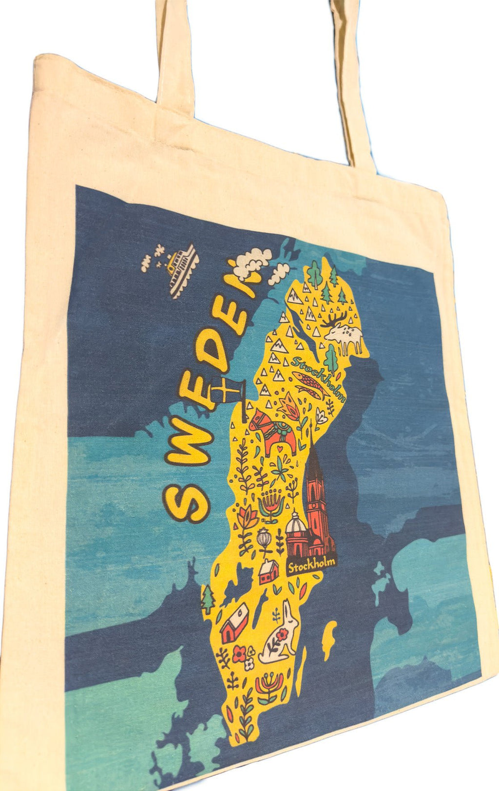 Side angle of canvas tote bag with Sweden map and Scandinavian icons - Style Council
