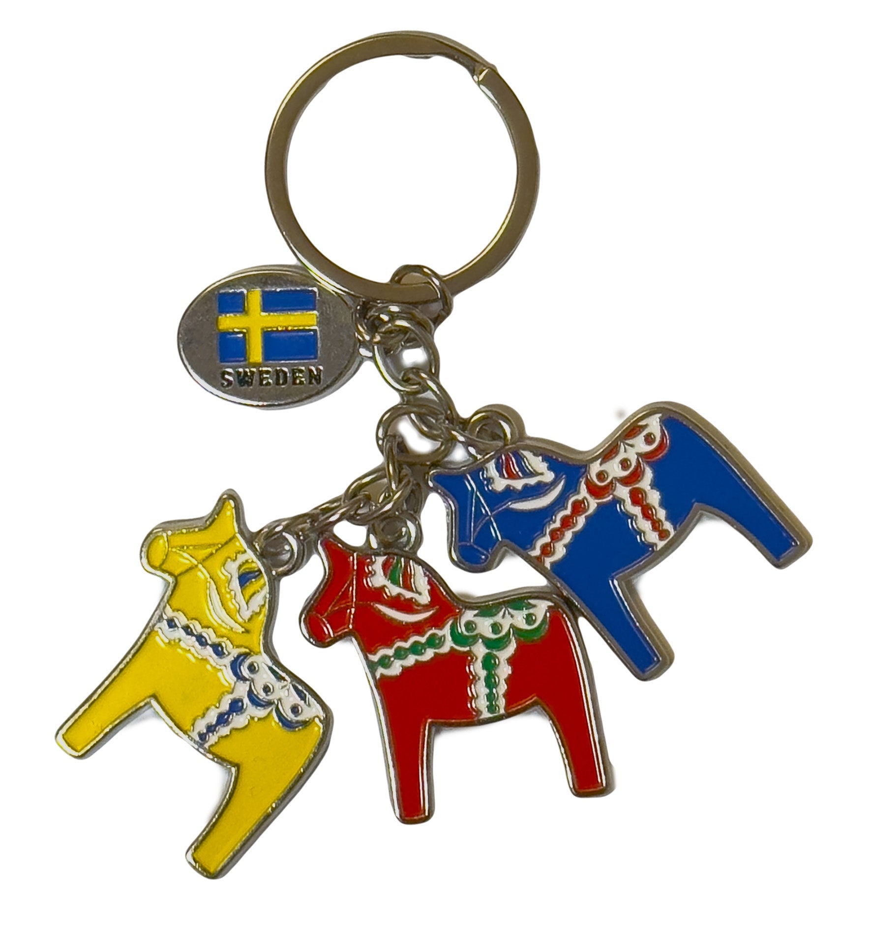 Triple Dala Horse Metal Keychain featuring three colorful Dala Horses in red, blue, and yellow, with a Sweden flag charm. - Style Council