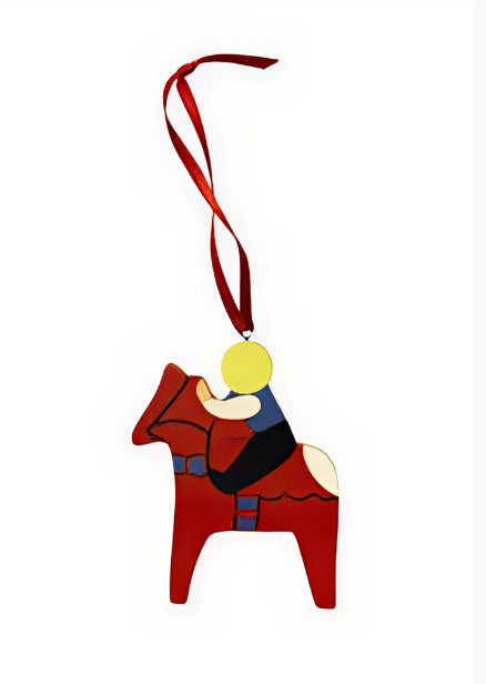 Back view of wooden Dala Horse ornament with boy rider, handcrafted Swedish folk art. - Style Council