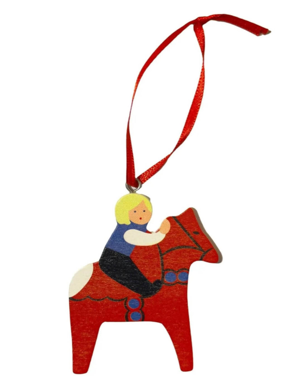 Front view of wooden Dala Horse ornament with boy rider and red ribbon, Swedish souvenir. - Style Council